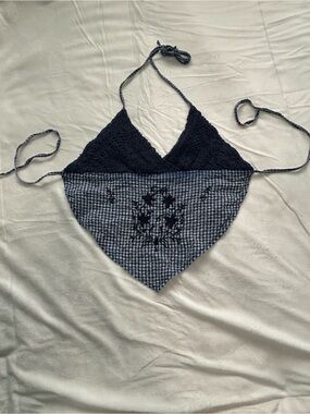 Blue Black Crochet & Gingham Halter Top